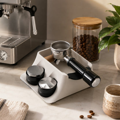 KNOCDIC® Coffee Knock Box and Tamping Station with tamper holder, modern barista accessories for espresso preparation.