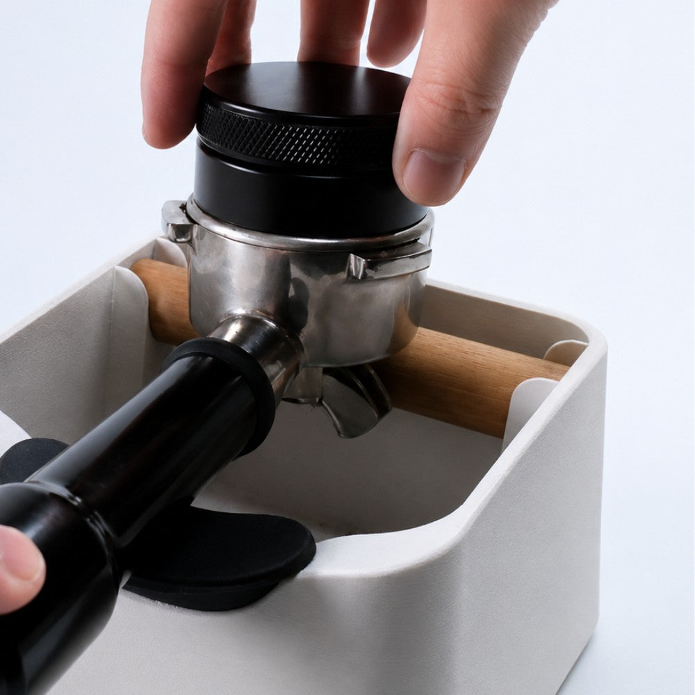 KNOCDIC® Hub Coffee Knock Box and Tamping Station with tamper holder, black stainless steel espresso accessories for baristas