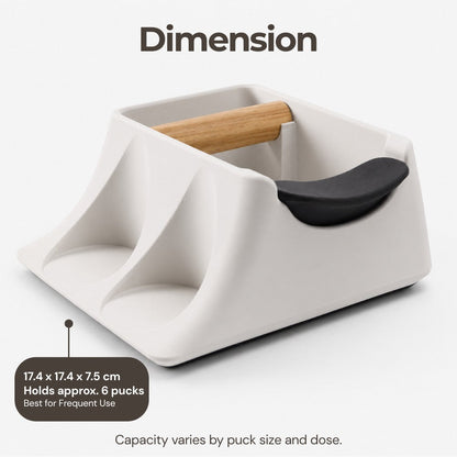 KNOCDIC® Hub Coffee Knock Box and Tamping Station with tamper holder, black metal espresso accessories on a countertop.