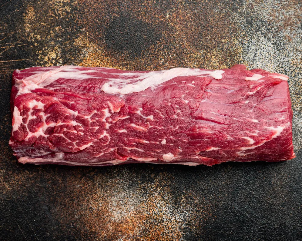 Prime beef fillet from Primrose Herd, showcasing a fresh, high-quality beef fillet cut with marbling and deep red color.