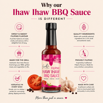 Filipino Ihaw Ihaw BBQ sauce by RoniBs Kitchen in a bottle, perfect for marinades and grilling authentic street food flavors.