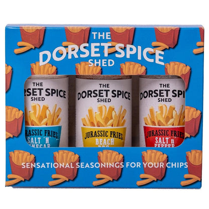 The Dorset Spice Shed - Jurassic Fries Chip Seasoning Gift Pack - 3 flavours Beach BBQ, Chinese Salt & Pepper and Salt &#39;n&#39; Vinegar