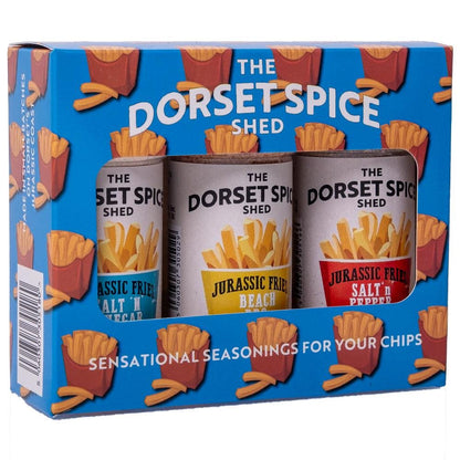 The Dorset Spice Shed - Jurassic Fries Chip Seasoning Gift Pack - 3 flavours Beach BBQ, Chinese Salt & Pepper and Salt &#39;n&#39; Vinegar