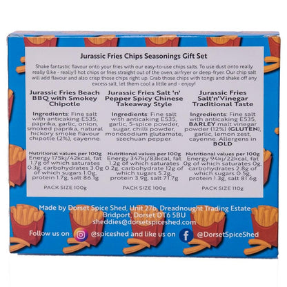 The Dorset Spice Shed - Jurassic Fries Chip Seasoning Gift Pack - 3 flavours Beach BBQ, Chinese Salt & Pepper and Salt &#39;n&#39; Vinegar