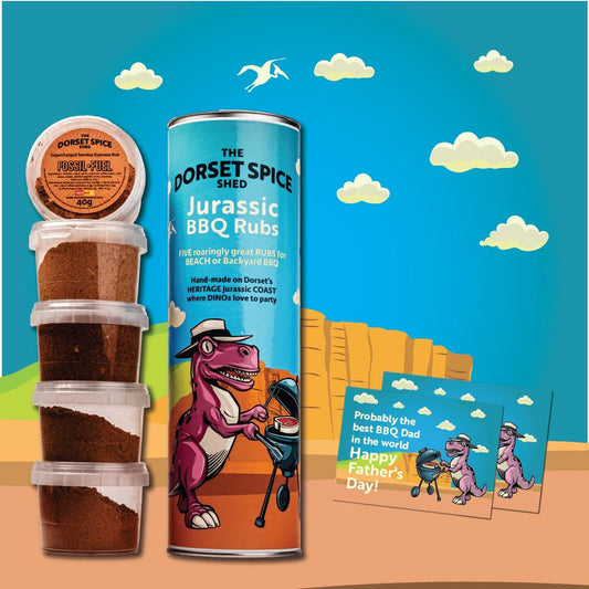The Dorset Spice Shed Jurassic BBQ Tube &#39;o&#39; Rubs - 5 BBQ Rubs & a FREE Greetings Card - Perfect Outdoor Foodie Gift