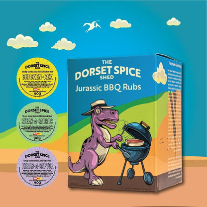 Dorset Spice Shed Jurassic BBQ Seasonings Gift Set of 3 BBQ Rubs - FREE Greetings Card - A Perfect Summer Barbecue Gift for Outdoor Cooking