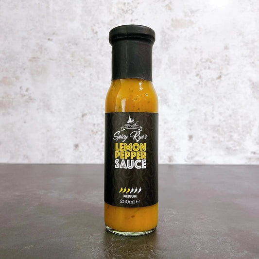 Spicy Ryes lemon pepper hot sauce bottle with bright yellow label and red cap, pouring on grilled chicken.