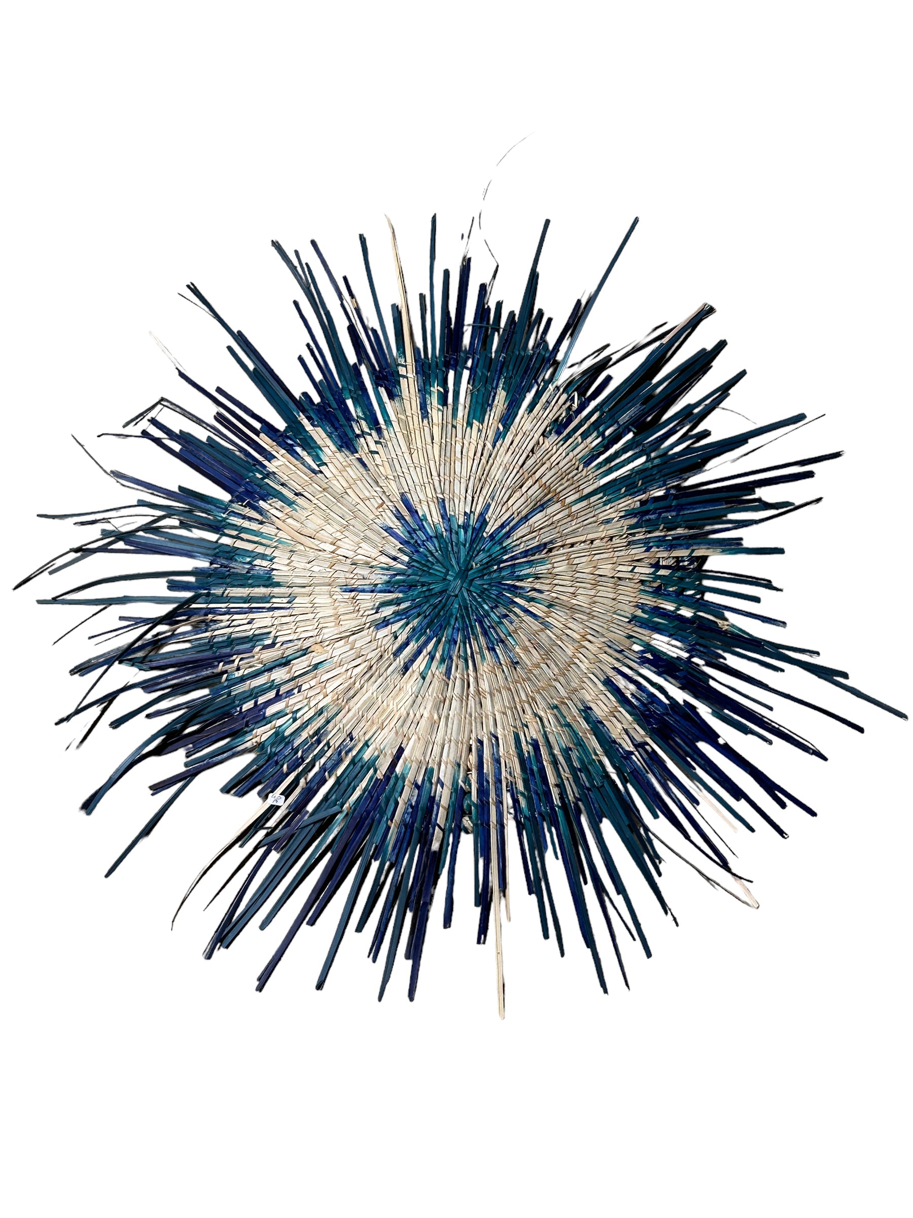 Blue Malawi Sun Wall Basket by Botanical Boys, 55cm, woven wall decor with a sunburst design in natural and blue tones.