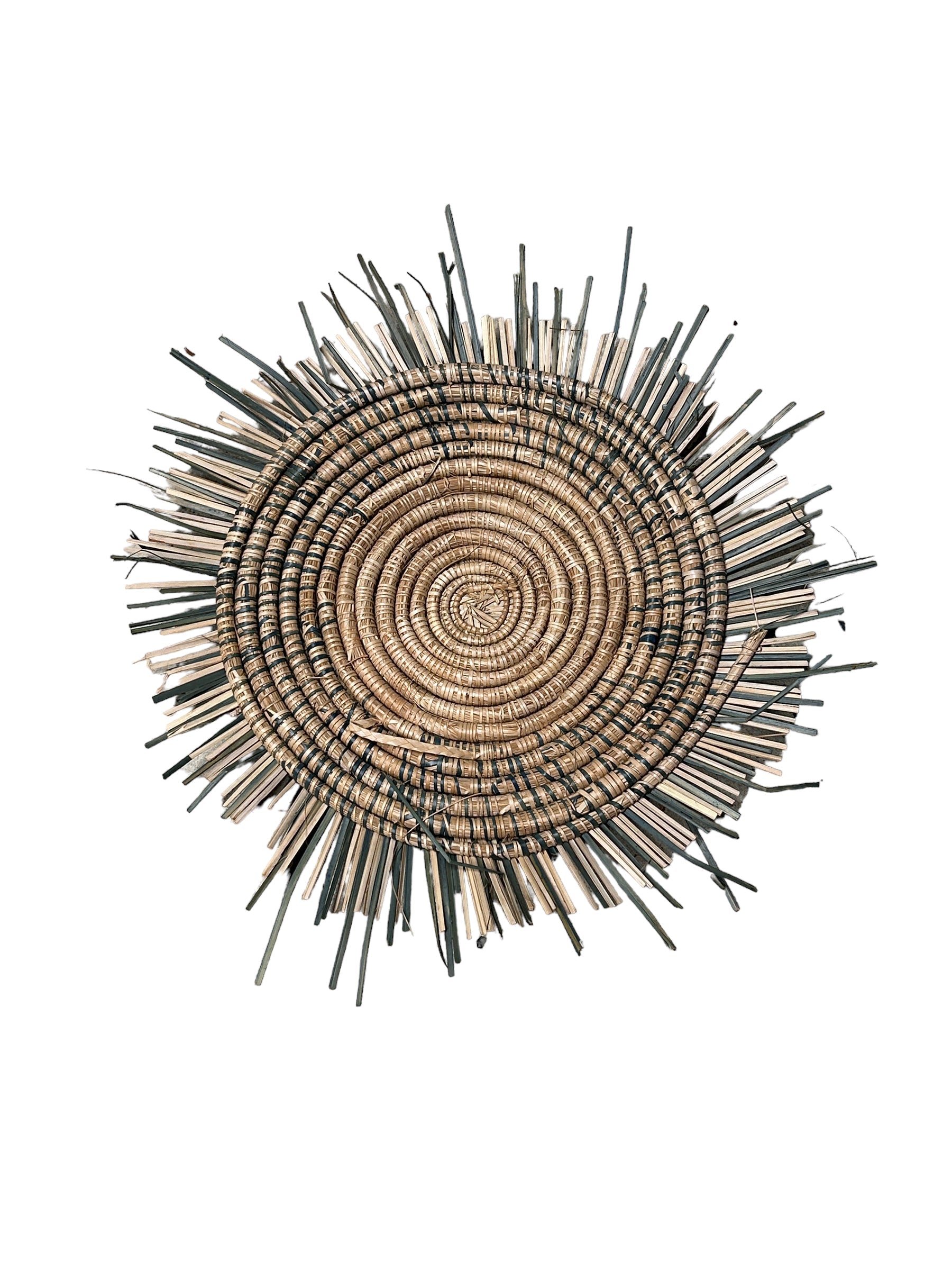 Blue and white Malawi Sun Wall Basket by Botanical Boys, 45cm, with intricate woven design and vibrant blue lines on natural wicker.
