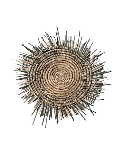 Blue and white Malawi Sun Wall Basket by Botanical Boys, 45cm, with intricate woven design and vibrant blue lines on natural wicker.