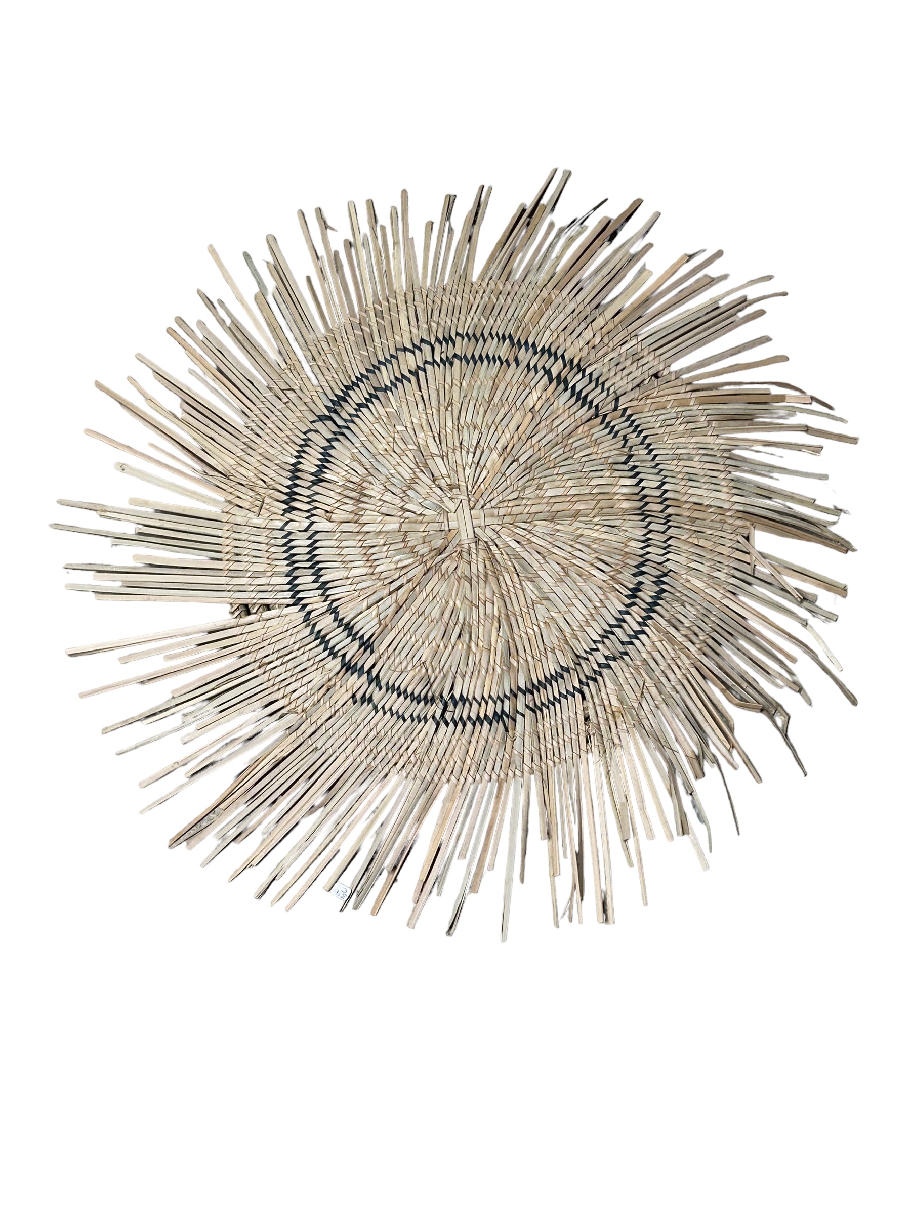 Blue-lined Malawi Sun wall basket by Botanical Boys, 45cm, hanging decorative woven basket with intricate patterns.