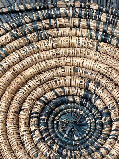 Blue Malawi Sun Wall Basket by Botanical Boys, 55cm, woven decorative wall hanging with a sunburst design.