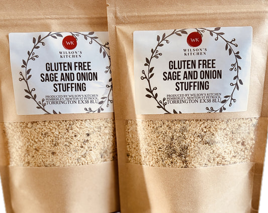 Wilson’s Kitchen gluten-free sage and onion stuffing cooking ingredients in a clear bag, ready for preparing flavorful dishes.