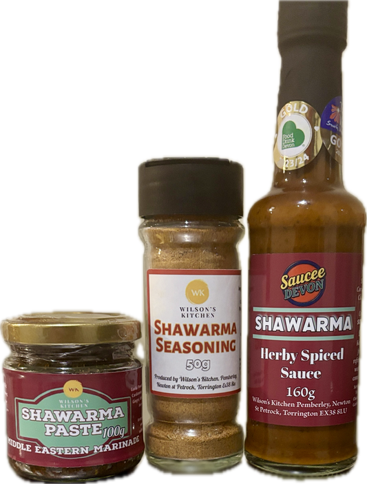 Wilson’s Kitchen Shawarma collection bundle featuring assorted spices and ingredients for authentic shawarma preparation.