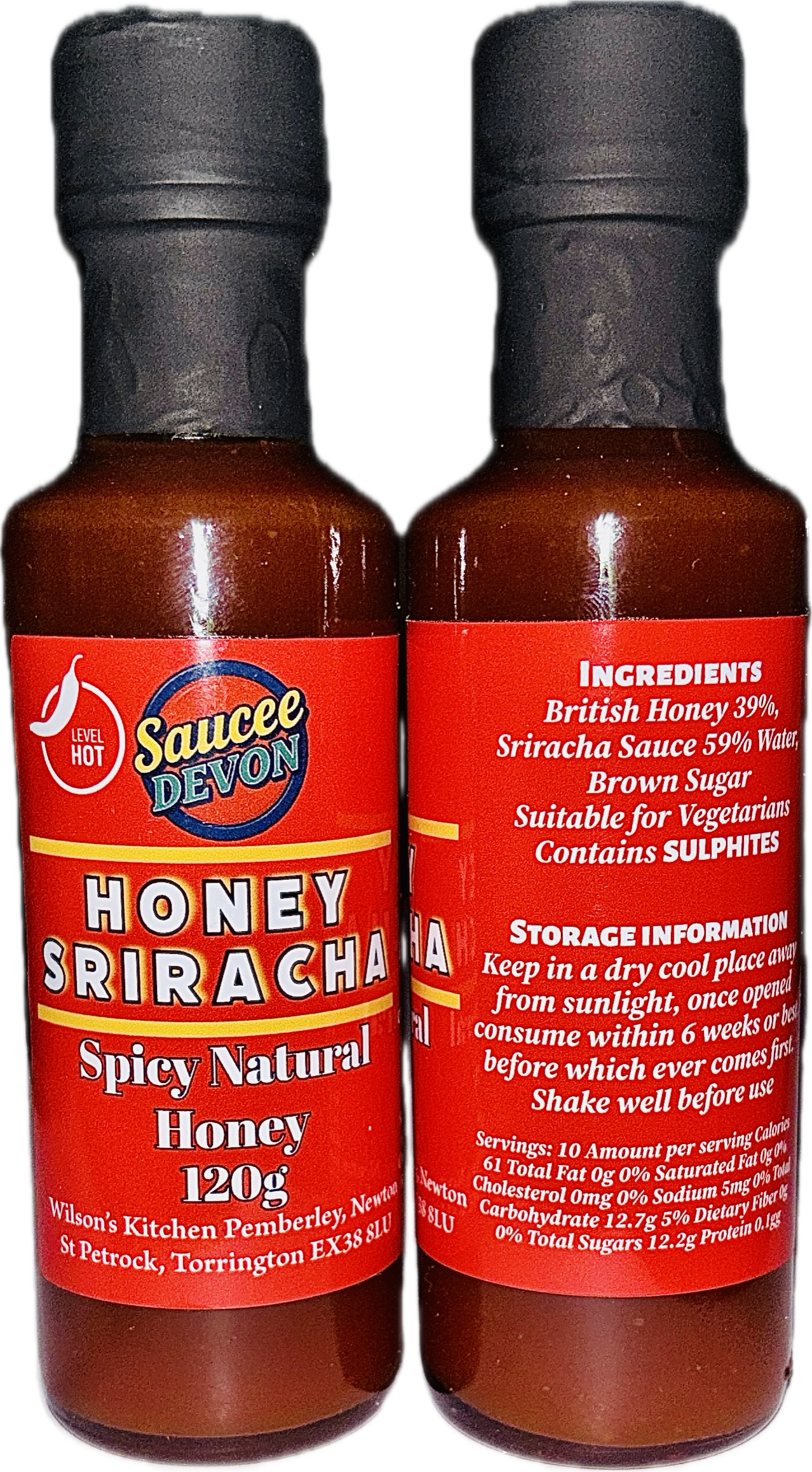 Spicy Honey Sriracha sauce in a glass jar from Wilson’s Kitchen, showcasing the artisan chili sauce with a vibrant red hue.