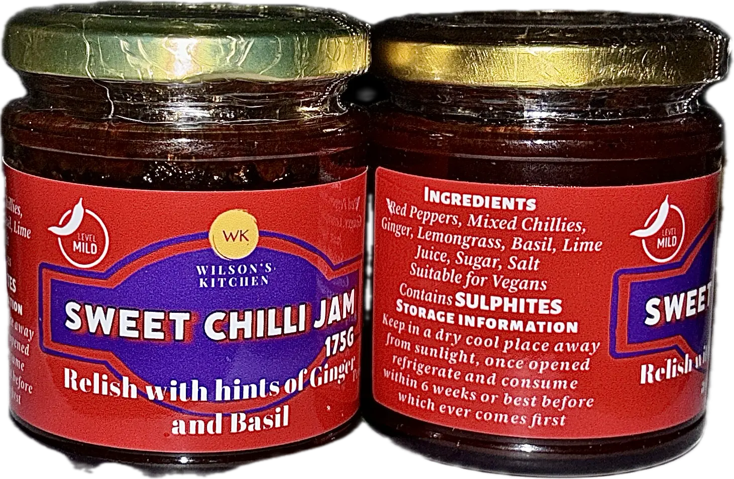 Wilson’s Kitchen Mild Sweet Chilli Jam in a glass jar, showcasing vibrant red chili and sweet jelly texture for artisan chilli sauces.