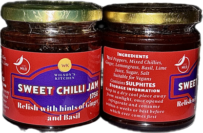 Wilson’s Kitchen Mild Sweet Chilli Jam in a glass jar, showcasing vibrant red chili and sweet jelly texture for artisan chilli sauces.