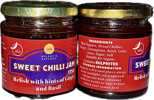 Wilson’s Kitchen Mild Sweet Chilli Jam in a glass jar, showcasing vibrant red chili and sweet jelly texture for artisan chilli sauces.
