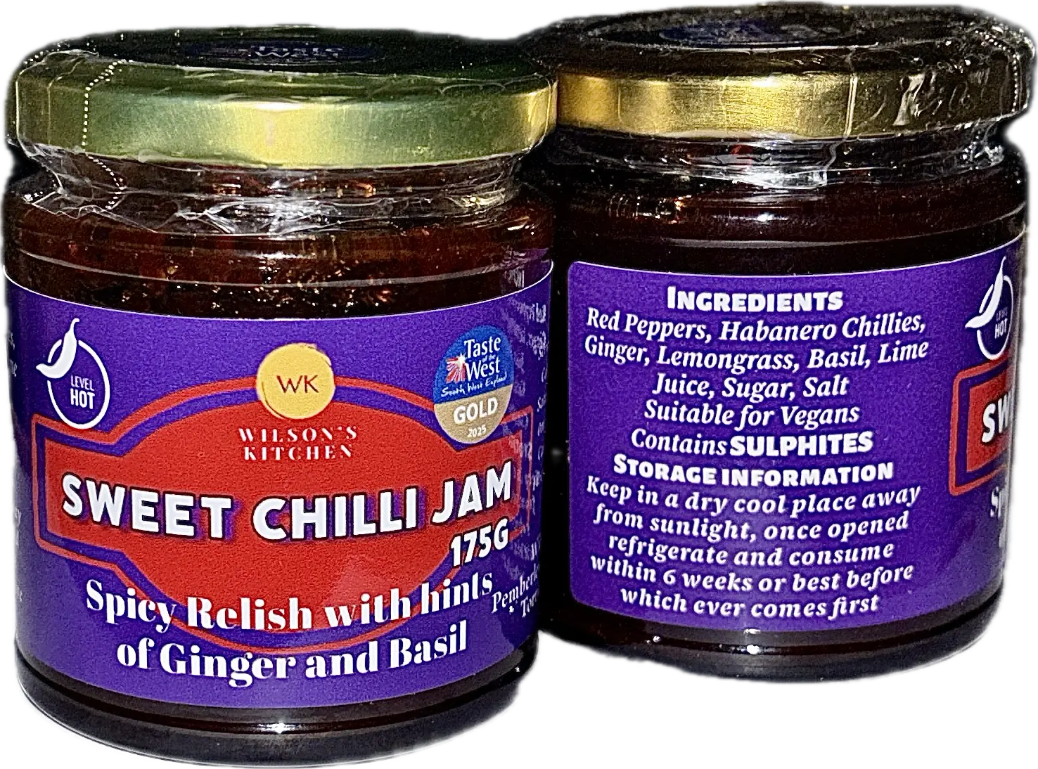Award-winning Wilson’s Kitchen Hot Sweet Chilli Jam in a jar with a vibrant red-orange appearance and chili peppers visible inside.