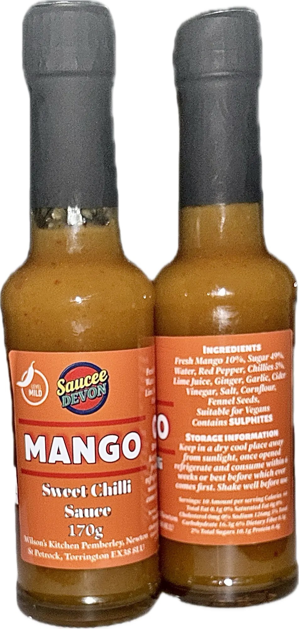 Wilson’s Kitchen Mango Sweet Chilli Sauce in a glass bottle, with vibrant mango and chili ingredients visible.