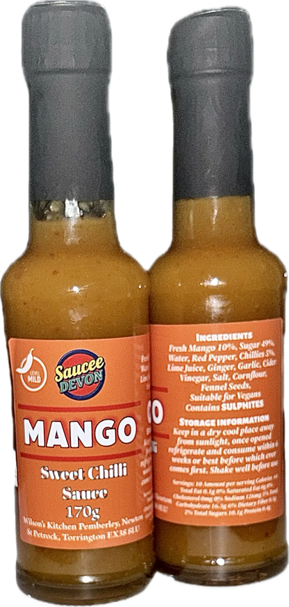 Wilson’s Kitchen Mango Sweet Chilli Sauce in a glass bottle, with vibrant mango and chili ingredients visible.