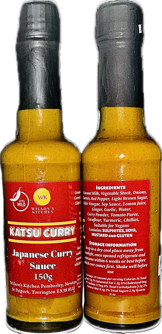 Wilson’s Kitchen mild Japanese katsu curry sauce in a jar, showcasing the rich, smooth curry sauce for cooking and flavoring dishes.