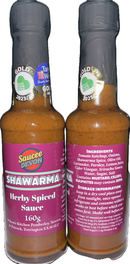 Wilson’s Kitchen award-winning shawarma sauce in a glass jar, showcasing a rich, flavorful sauce with herbs and spices.