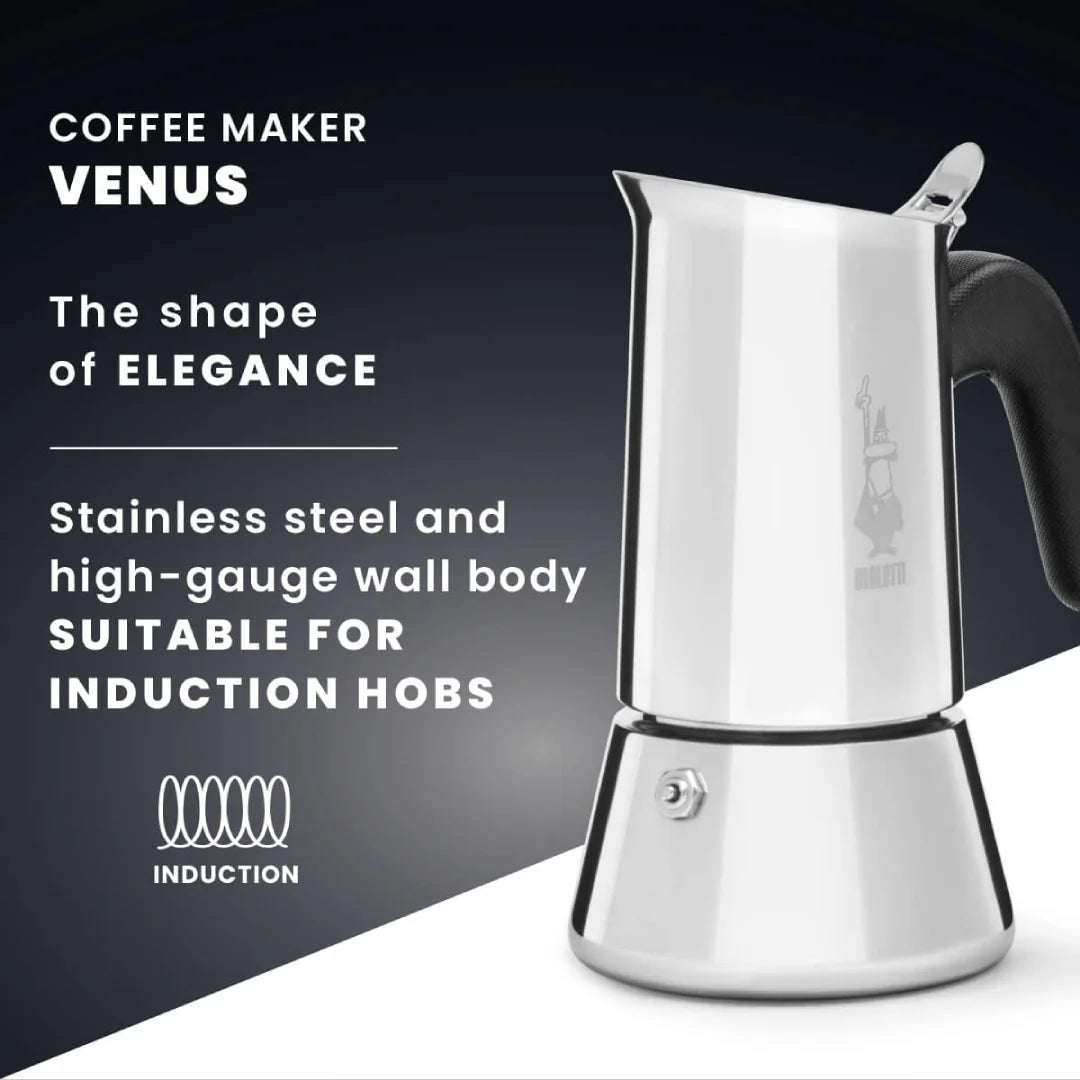Bialetti Venus induction coffee maker by Brew Italia, featuring sleek black stainless steel design for stovetop brewing.