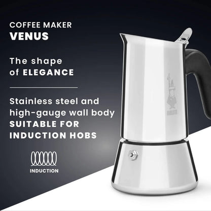 Bialetti Venus induction coffee maker by Brew Italia, featuring sleek black stainless steel design for stovetop brewing.