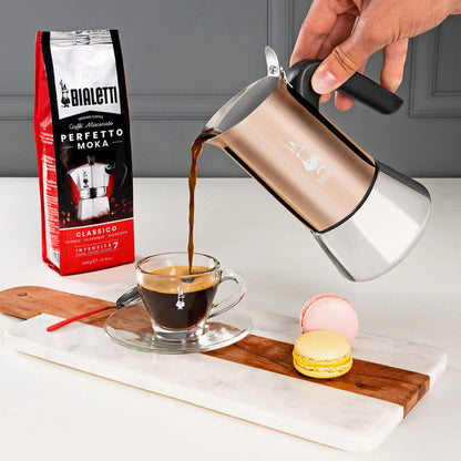 Bialetti Venus stovetop coffee maker by Brew Italia, induction-compatible with a sleek stainless steel design and ergonomic handle.