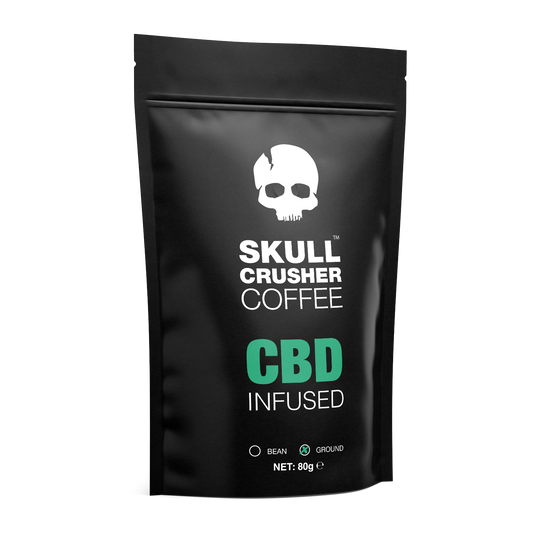 Skull Crusher Coffee infused trial bag showing 80g package with bold skull logo and vibrant design for flavored coffee.