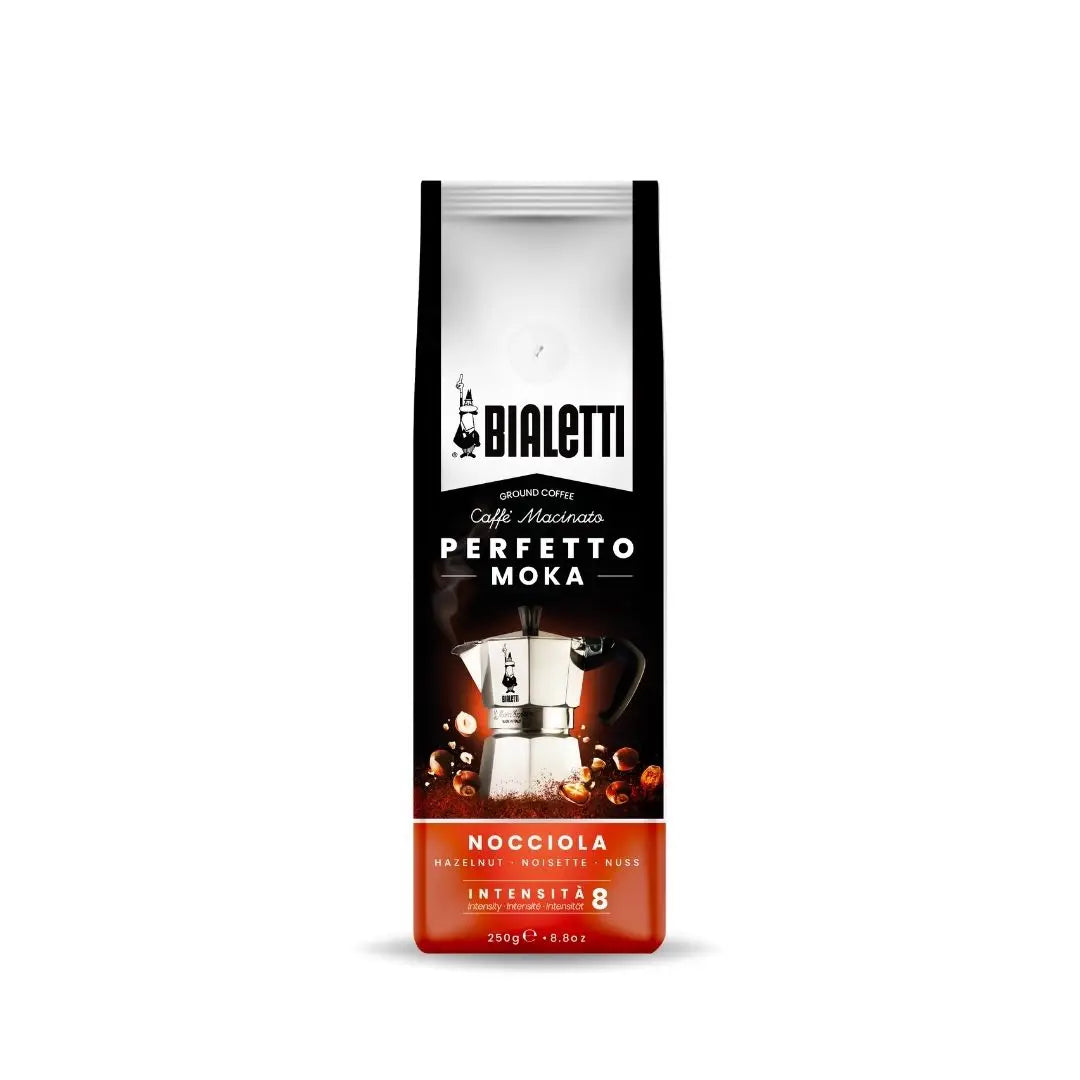 Bialetti Perfetto Moka stovetop coffee, intense hazelnut Italian coffee beans in Brew Italia packaging.
