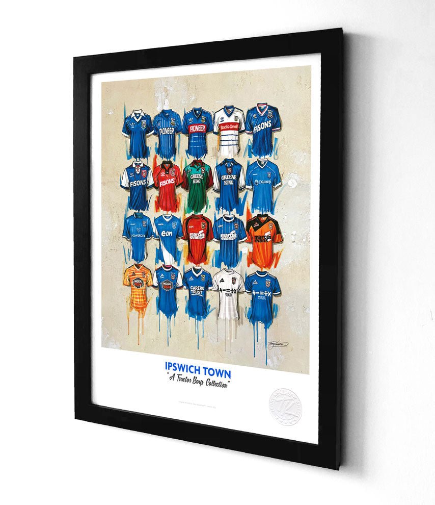 Limited edition Ipswich Town football shirt A3 framed print by Terry Kneeshaw Art showcasing a vintage Ipswich Town FC shirt.