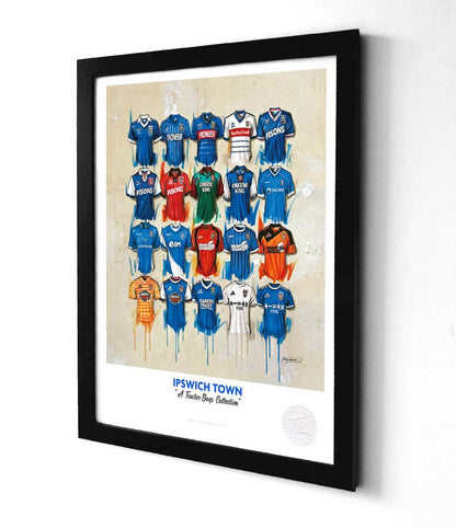 Limited edition Ipswich Town football shirt A3 framed print by Terry Kneeshaw Art showcasing a vintage Ipswich Town FC shirt.