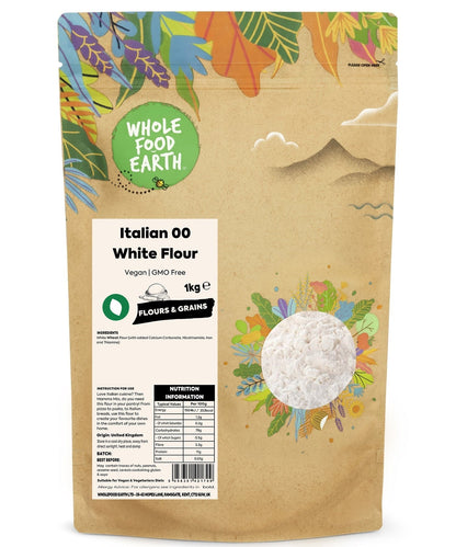 Italian 00 white flour from Whole Food Earth, fine-packed flour ideal for baking and pizza dough.