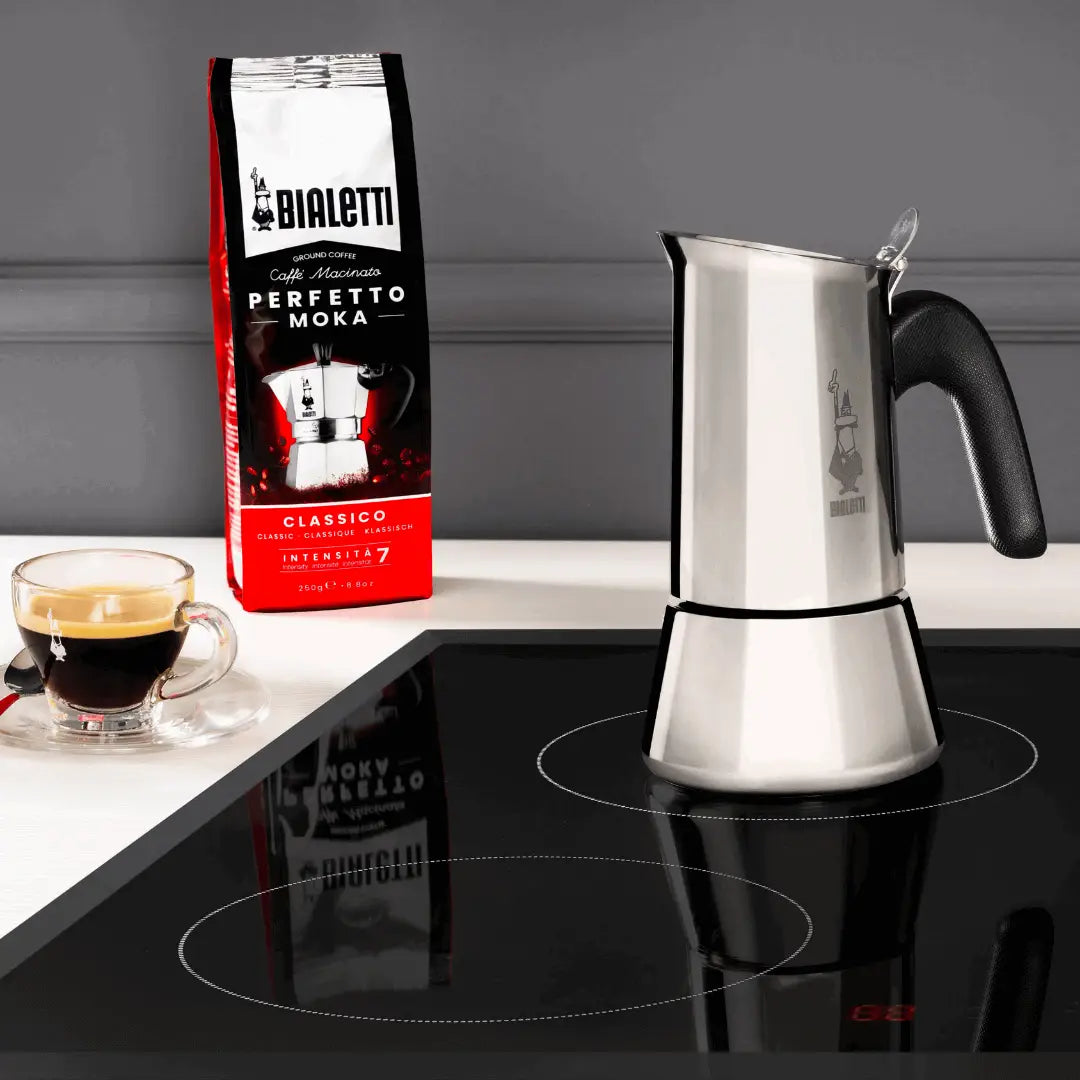 Bialetti Venus Italian coffee pot for stovetop, made of durable hardware, ideal for brewing espresso-style coffee on induction stoves.