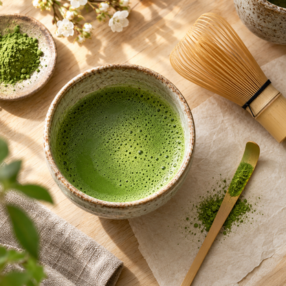 Prepared Izu Matcha green tea from Porter Hill Tea Company, topped with frothy green tea powder in a traditional bowl.