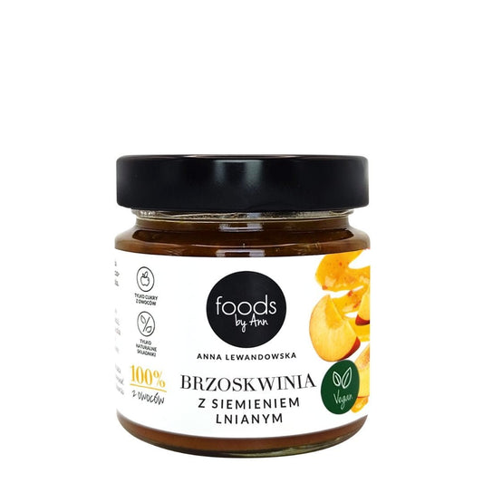 Vesa Beauty peach jam with flaxseed in 200g jar, showing fresh peach slices and flaxseed on the product label