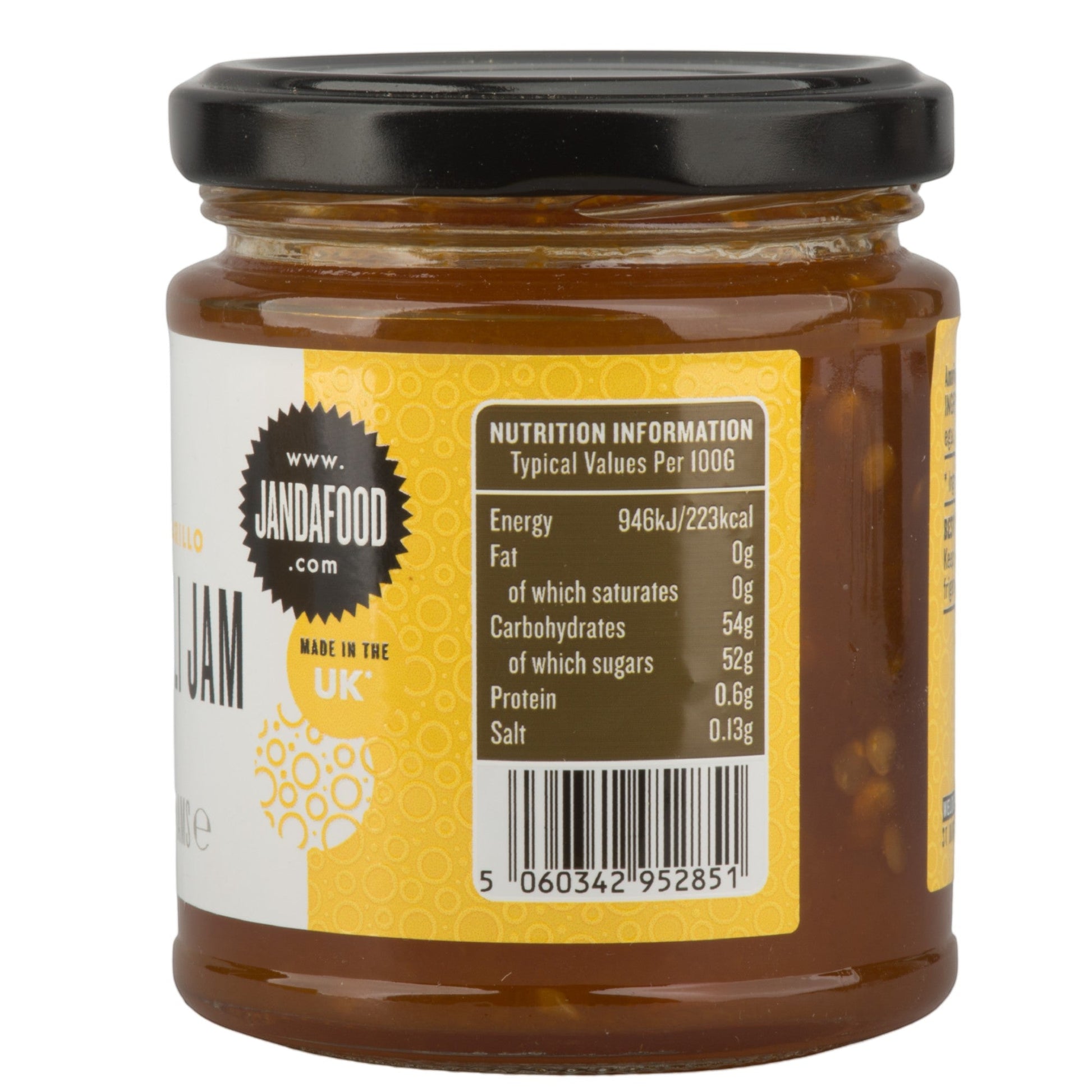 Janda Amarillo Yellow Chilli Jam 210g jar with label, showcasing bright yellow chili jam ideal for cheese and barbecue accompaniments.