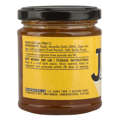Janda Amarillo Yellow Chilli Jam jar label showing bright yellow chili jam for cheese and barbecue pairing, 210g.