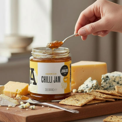 Amarillo Yellow Chilli Jam by Janda, 210g jar of sweet and spicy chili jam, ideal for cheese and barbecue accompaniments.