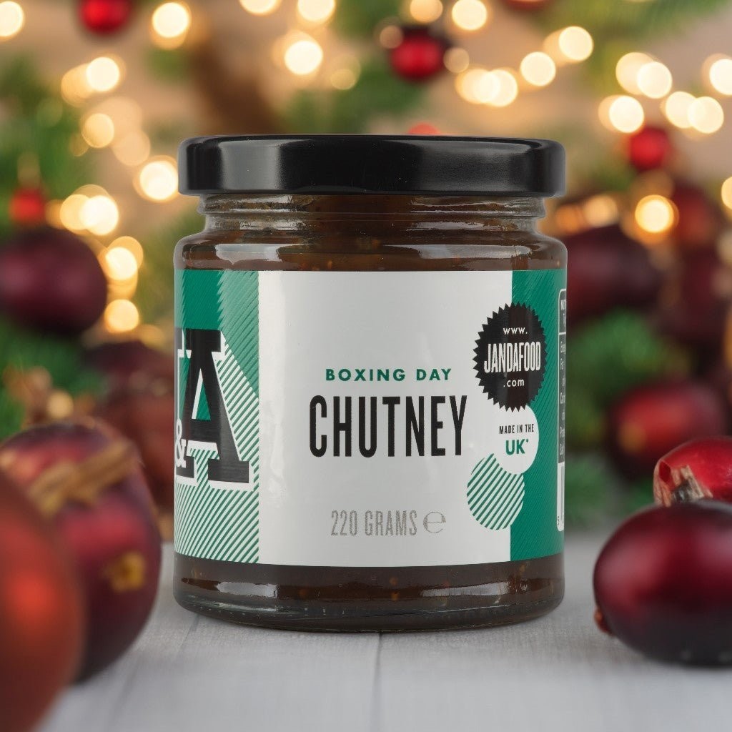 Jar of Janda Food Boxing Day Chutney with a label, showcasing the rich, flavorful Boxing Day chutney in a glass jar.