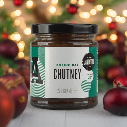 Jar of Janda Food Boxing Day Chutney with a label, showcasing the rich, flavorful Boxing Day chutney in a glass jar.