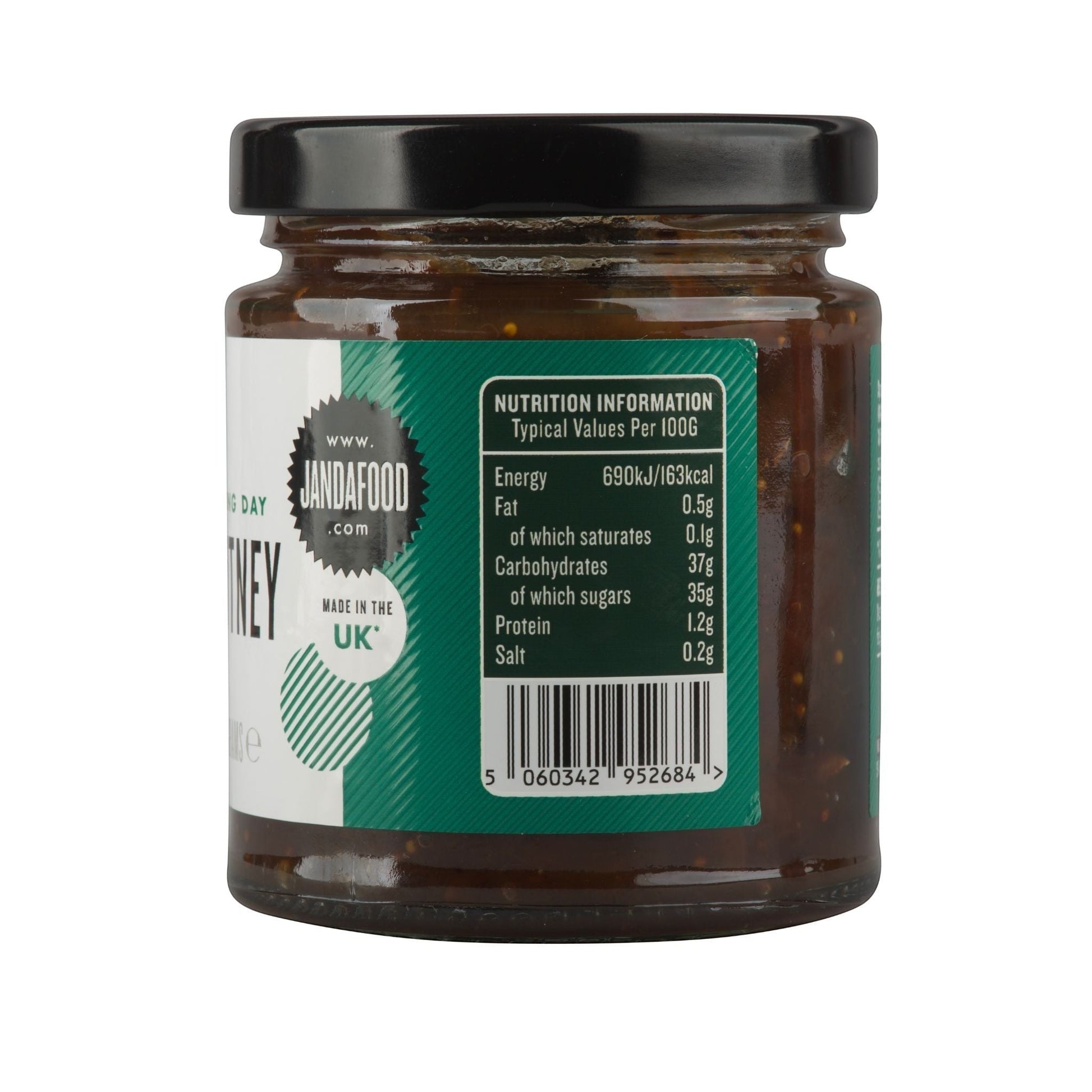 Janda Boxing Day Chutney nutrition label showing ingredients and nutritional information on a white background.