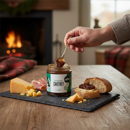 Janda Food Boxing Day Chutney served in a bowl, showcasing its rich, chunky texture and vibrant color for festive flavor.