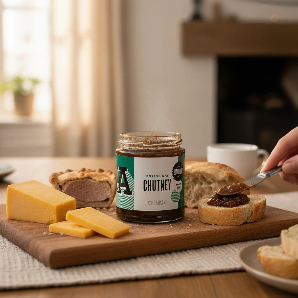 Janda Food Boxing Day Chutney jar showing rich, dark chutney with fresh ingredients and label, ideal for holiday meals.
