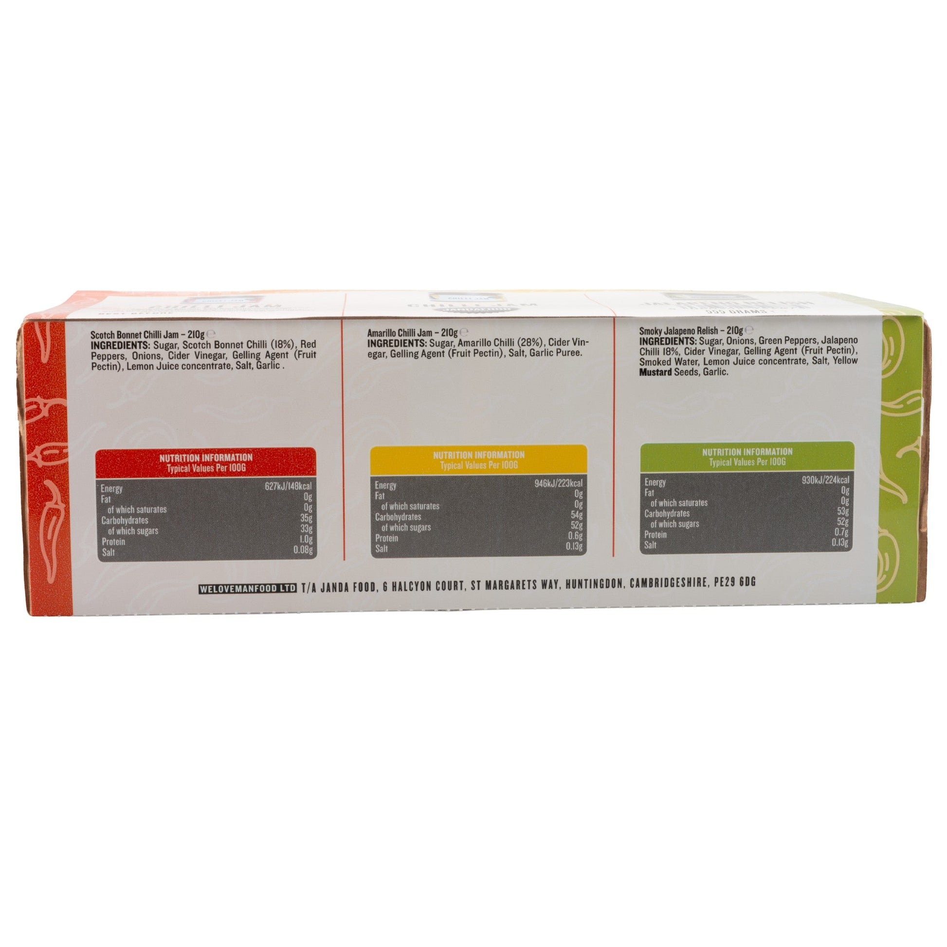 Janda Traffic Chilli Jam Gift Box with three fiery chilli jams and relishes, displayed with nutrition labels and packaging.