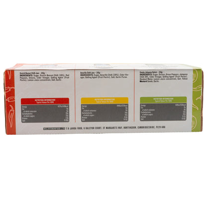 Janda Traffic Chilli Jam Gift Box with three fiery chilli jams and relishes, displayed with nutrition labels and packaging.