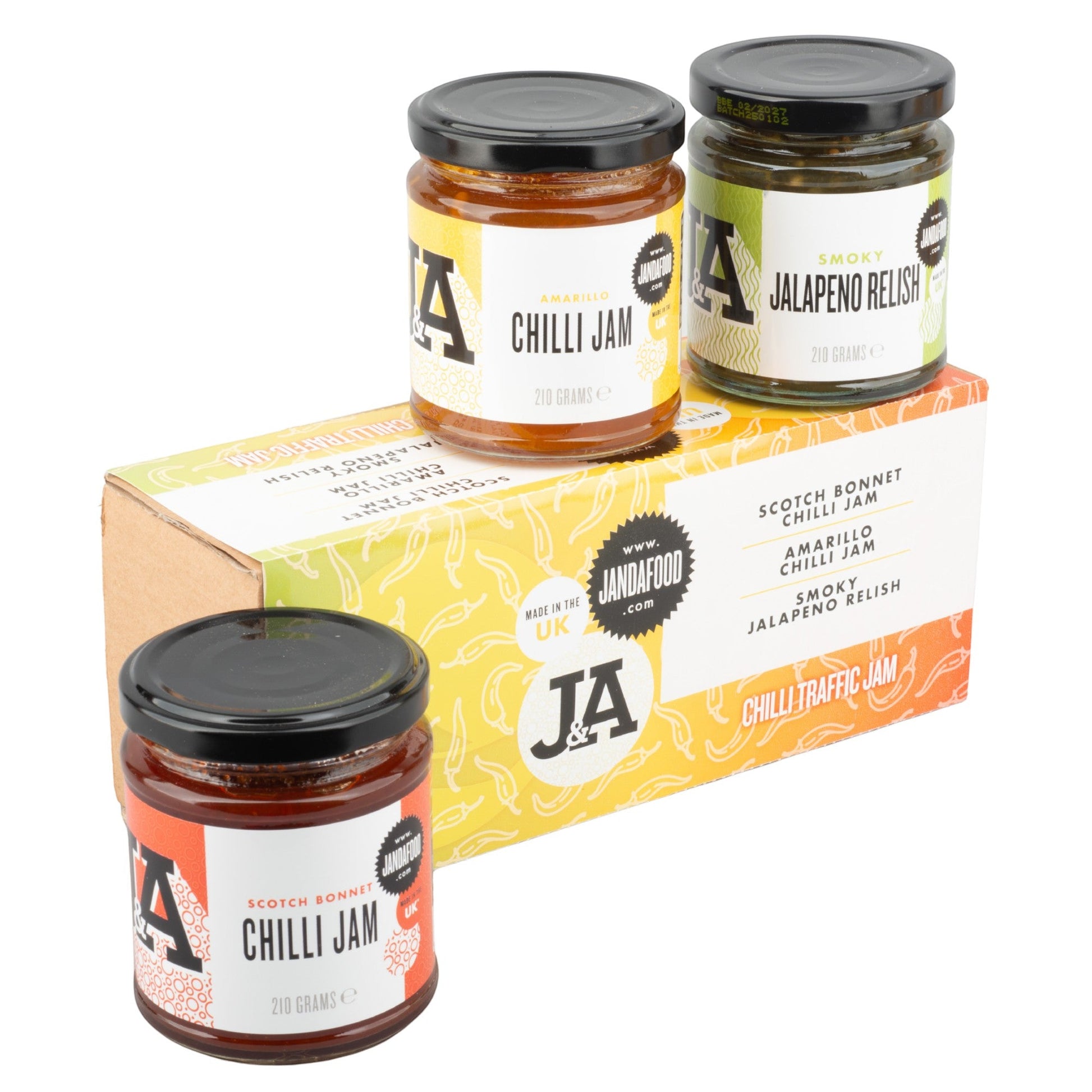 Janda Traffic Chilli Jam Gift Box with three fiery chilli jams and relishes in a decorative gift box.