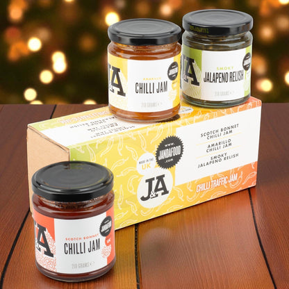 Janda Traffic Chilli Jam Gift Box featuring three fiery chili jams and relishes in a decorative gift box.